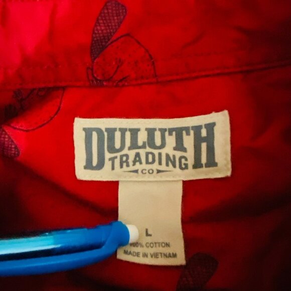 Duluth Trading Button Up Shirt Mens Angry Beaver Lumberjack Hipster Red L - Picture 10 of 10